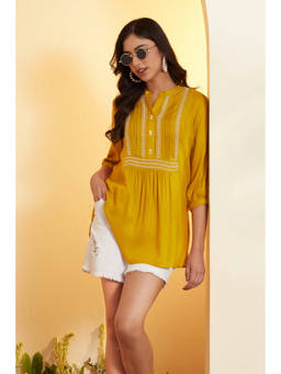 Biba - Yellow Embroidered Mandarin Neck Tunic