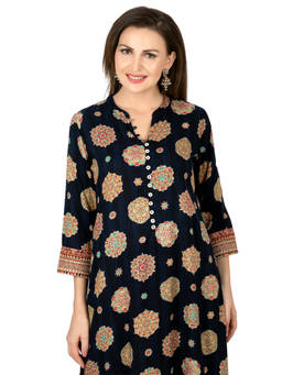 SANAA - Navy Blue Printed Mandarin Neck Kurta