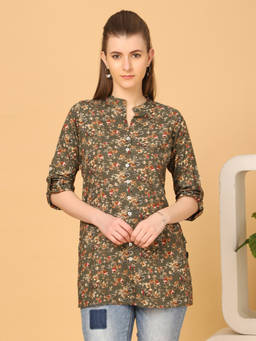 SANAA - Green Floral Mandarin Neck Kurti