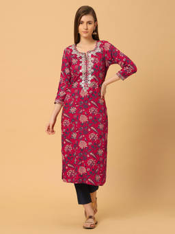 SANAA - Red Embroidered Round Neck Kurti