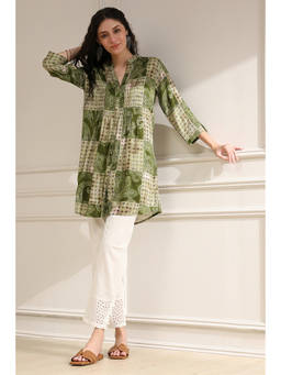 Biba - Green Printed Mandarin Neck Kurti