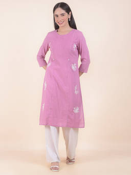 Cantabil - Purple Floral Round Neck Kurta