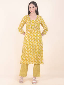 Cantabil - Mustard Floral V-Neck Kurta