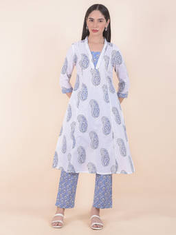 Cantabil - White Floral V-Neck Kurta