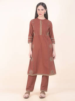 Cantabil - Rust Embroidered Mandarin Neck Kurta