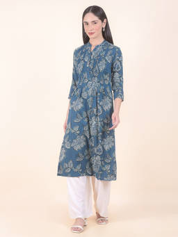 Cantabil - Blue Floral Round Neck Kurta