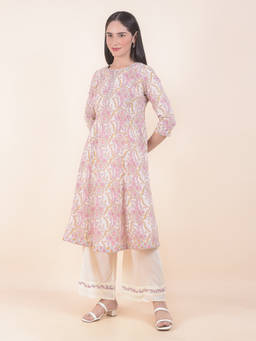 Cantabil - Pink Floral Round Neck Kurta