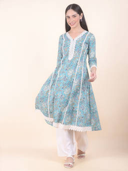 Cantabil - Blue Floral V-Neck Kurta
