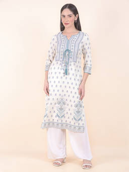 Cantabil - Off White Floral Round Neck Kurta