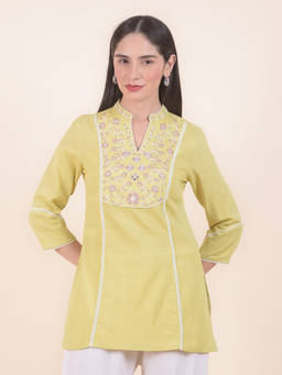 Cantabil - Yellow Embroidered Mandarin Neck Kurti