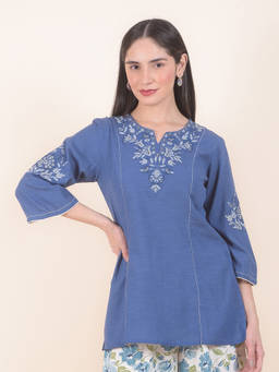 Cantabil - Blue Embroidered Round Neck Kurti