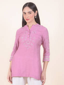 Cantabil - Pink Embroidered Mandarin Neck Kurti