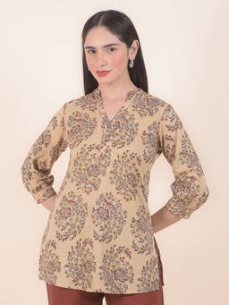 Cantabil - Brown Floral Mandarin Neck Kurti