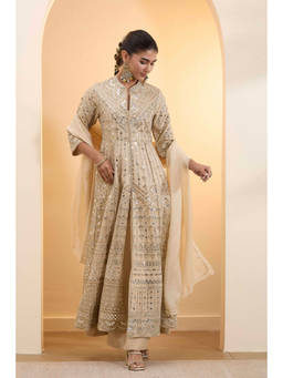 Biba - Beige Embroidered Mandarin Neck Anarkali Kurta & Skirt with Dupatta