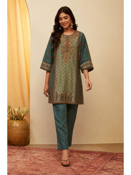 Biba - Green Floral Round Neck Kurti & Pant