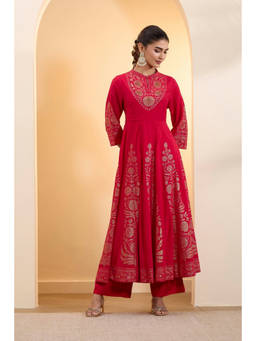 Biba - Red Printed Mandarin Neck Anarkali Kurta & Pant