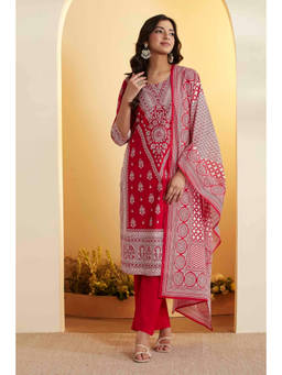 Biba - Red Printed Round Neck Kurta Pant with Dupatta
