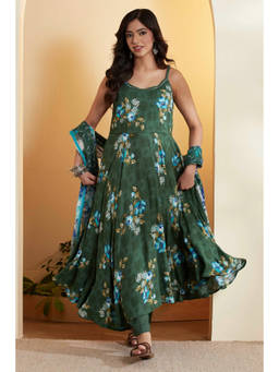 Biba - Green Floral Shoulder Straps Anarkali Kurta Pant with Stole