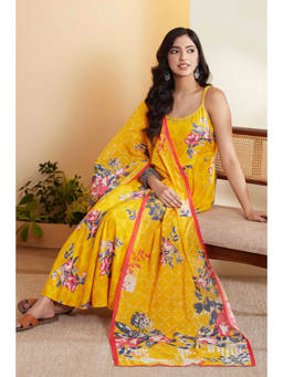Biba - Yellow Floral Shoulder Straps Anarkali Kurta Pant with Stole