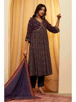 Biba - Blue Floral V-Neck Anarkali Kurta Pant with Dupatta