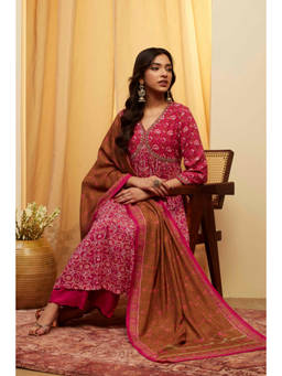 Biba - Pink Floral V-Neck Anarkali Kurta Pant with Dupatta