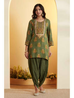 Biba - Green Printed Round Neck Kurti & Dhoti