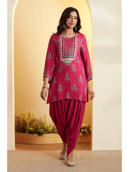 Biba - Pink Printed Round Neck Kurti & Dhoti