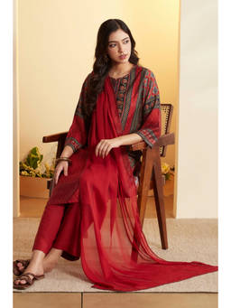 Biba - Brown Printed Round Neck Kurta Pant with Dupatta