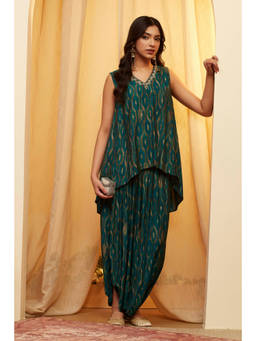 Biba - Teal Embroidered V-Neck Kurti,Dhoti