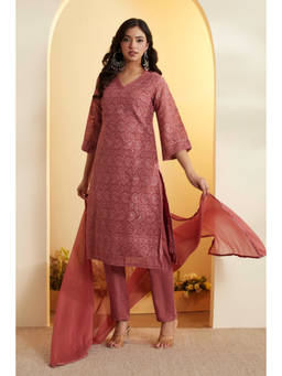 Biba - Red Embroidered V-Neck Kurta Pant with Dupatta