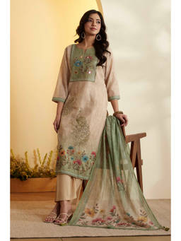 Biba - Green Printed Round Neck Kurta Pant with Dupatta