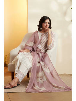 Biba - Pink Embroidered Round Neck Kurta Pant with Dupatta