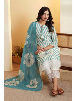 Biba - Turquoise Embroidered Round Neck Kurta Pant with Dupatta