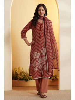 Biba - Brown Embroidered Sweetheart Kurta Pant with Dupatta