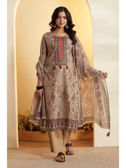 Biba - Beige Floral Round Neck Kurta Pant with Dupatta
