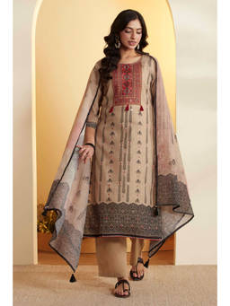 Biba - Beige Floral Round Neck Kurta Pant with Dupatta