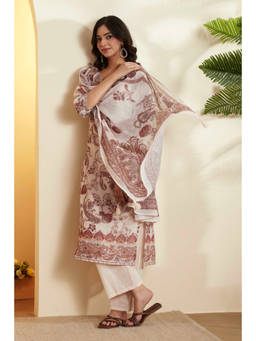 Biba - Cream Printed Round Neck Kurta Pant with Dupatta