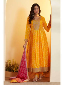 Biba - Yellow Printed Round Neck Anarkali Kurta Pant with Dupatta