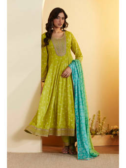 Biba - Green Printed Round Neck Anarkali Kurta Pant with Dupatta