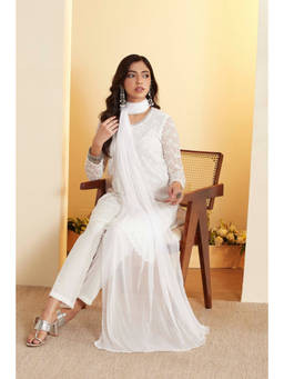 Biba - White Embroidered Round Neck Kurta Pant with Dupatta