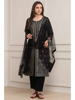 Biba - Black Printed Round Neck Kurta Pant with Dupatta