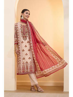 Biba - Beige Printed Round Neck Kurta Pant with Dupatta