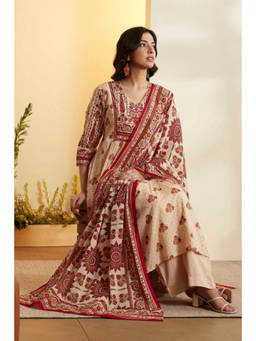 Biba - Beige Floral V-Neck Kurta Pant with Dupatta