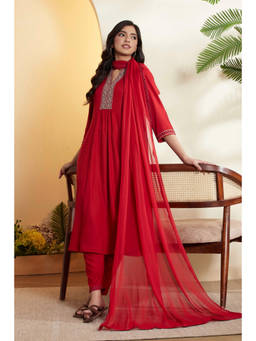 Biba - Red Embroidered V-Neck Kurta Pant with Dupatta
