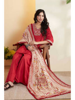 Biba - Red Tie & Dye V-Neck Kurti & Palazzo with Dupatta