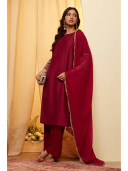Biba - Maroon Solid/Plain Round Neck Kurta Pant with Dupatta