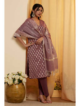 Biba - Pink Woven V-Neck Kurta Pant with Dupatta