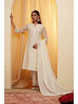 Biba - White Embroidered Mandarin Neck Kurta Pant with Dupatta