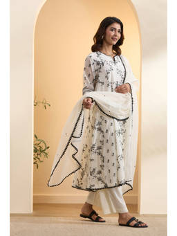 Biba - White Embroidered Round Neck Kurta Pant with Dupatta
