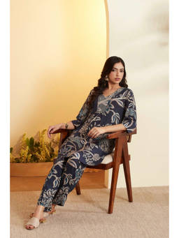 Biba - Blue Printed V-Neck Kurti & Pant